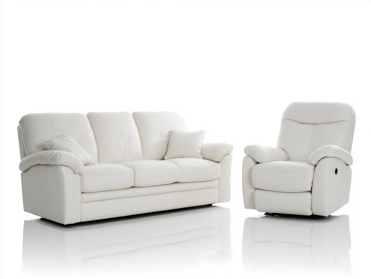 Relaxsofa Sets mit Bezug in Lederoptik - Cremeweiß - 3-Sitzer 215 x 95 x 100 cm und Relaxsessel 100 x 95 x 105 cm - klassisches Design für das Wohnzimmer