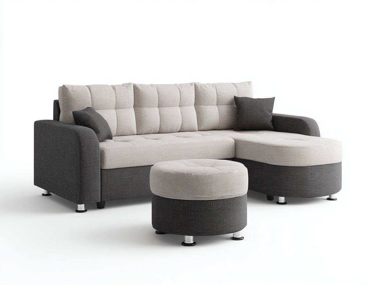 Ecksofa Stoff 250x160x85 cm - Beige und Dunkelgrau - modernes Wohnzimmer Sofa mit Hocker