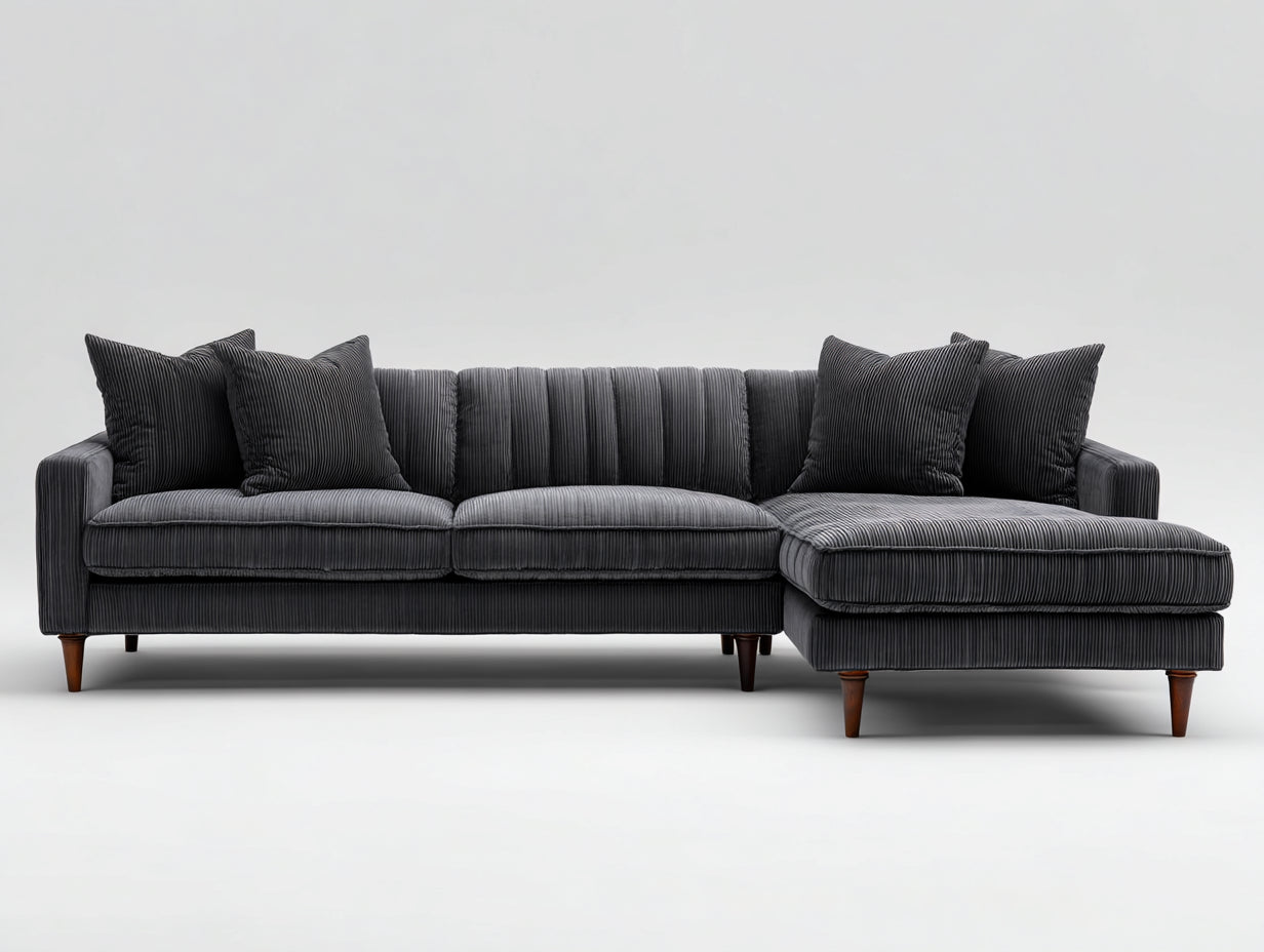 Ecksofa mit Cordstoffbezug 285x170x82 cm - Dunkelgrau-Braun - modernes L-Design mit Holzfüßen