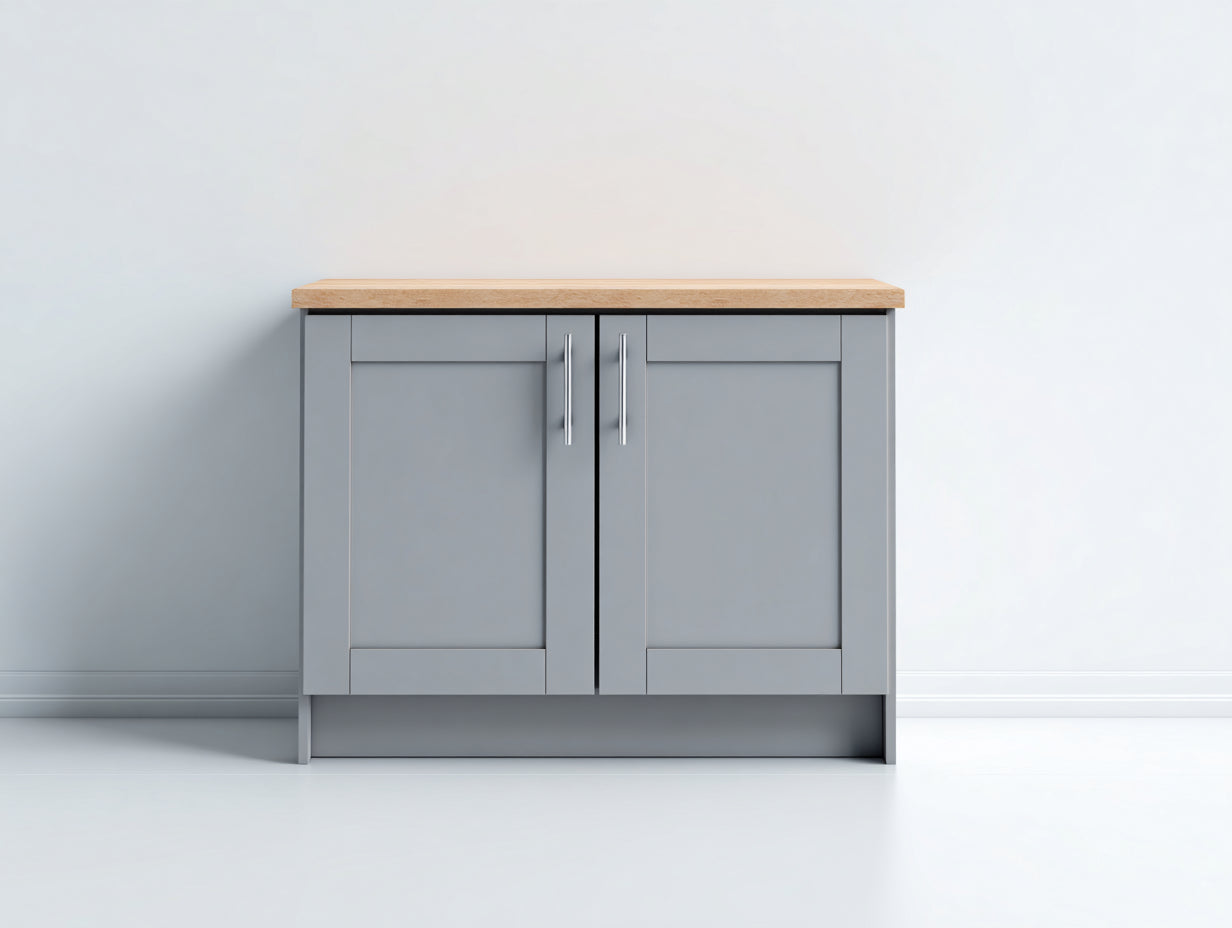Sideboards aus Holzwerkstoff 120x40x85 cm - Grau-Naturbraun-Silber - 2 Türen mit Holzdekorplatte