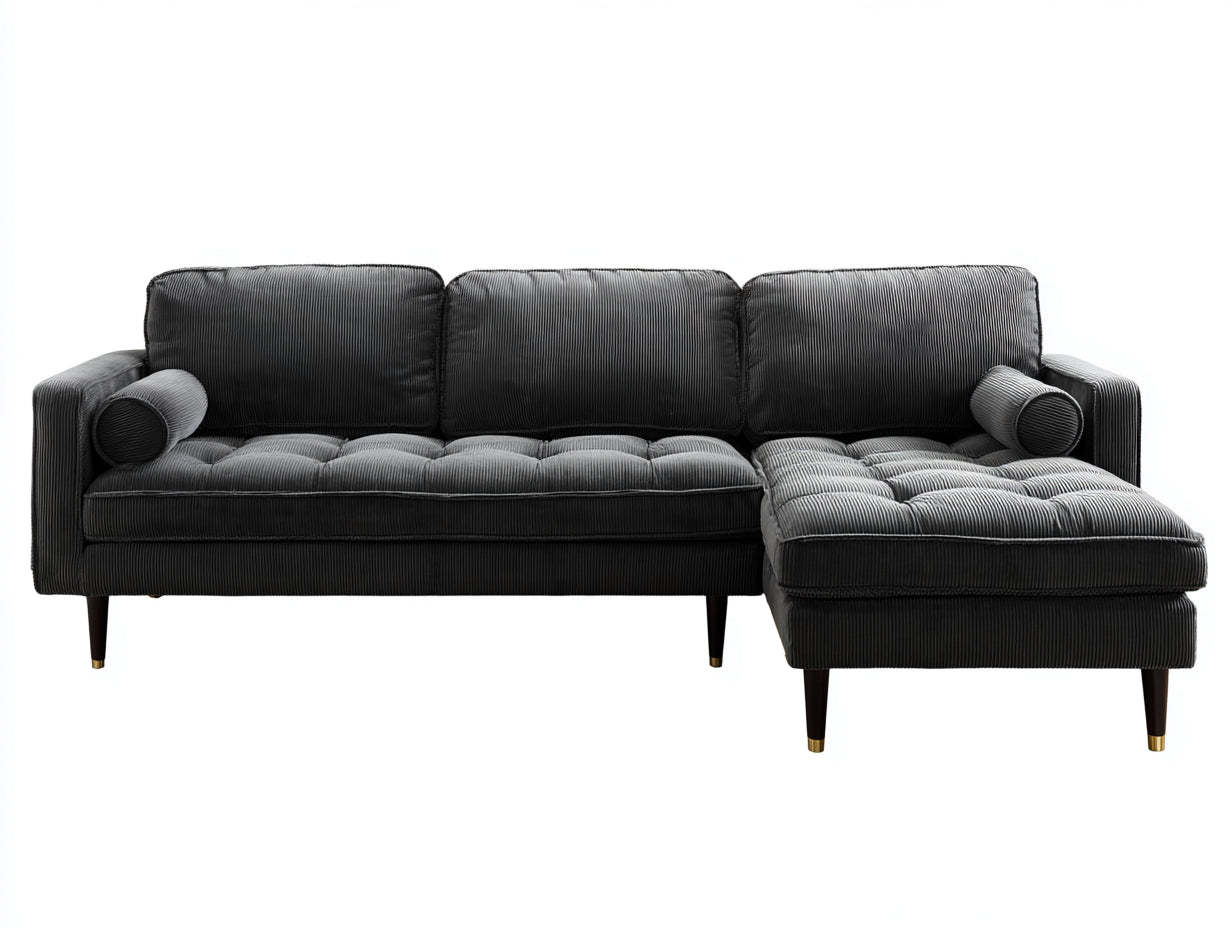 Ecksofa Cordstoff 260x160x85 cm - Schwarz-Dunkelbraun-Gold - Modernes Wohnzimmer Sofa mit Chaiselongue