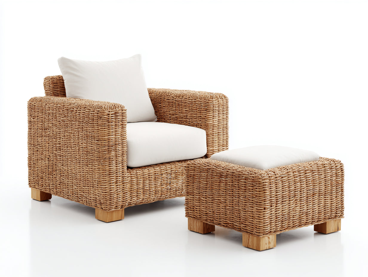 Polyrattan Gartensessel mit Fußhocker 86 x 84 x 88 cm - Natur und Creme - mit Sitz- und Rückenpolster - modernes Design für Garten und Terrasse