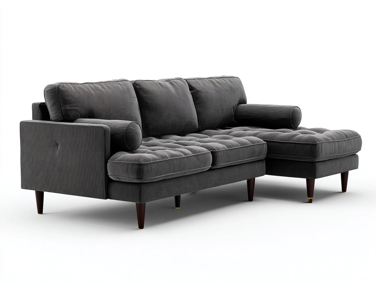 Ecksofa mit Cordbezug 260 x 165 x 88 cm - Anthrazit - mit Ottomane und Stepppolsterung - modernes Design für das Wohnzimmer