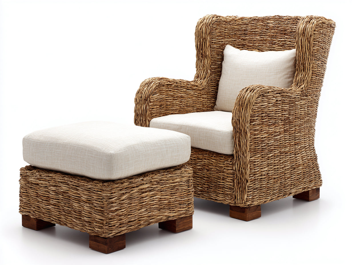 Polyrattan Gartensessel mit Fußhocker 85 x 90 x 115 cm - Braun und Creme - Hochlehner mit Flügelrücken - für Garten und Terrasse