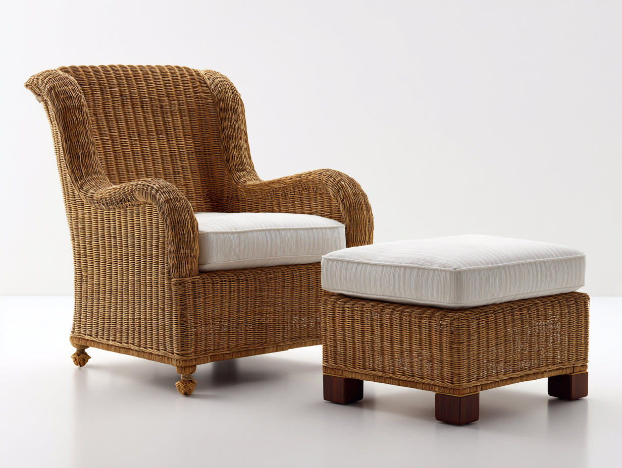 Polyrattan Gartensessel mit Hocker 85x80x95 cm - Naturbraun-Weiß-Dunkelbraun - Rattanoptik mit Sitzkissen