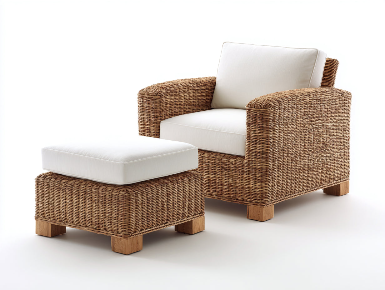 Polyrattan Gartensessel Set 86x82x88 cm - Naturbraun-Cremeweiß - 2-teilig mit Fußhocker
