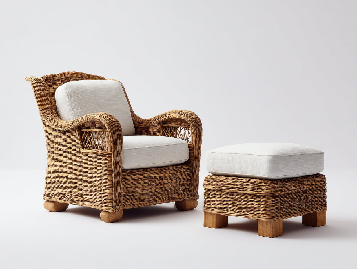 Polyrattan Gartensessel Set 82x78x90 cm - Naturbraun-Cremeweiß - 2-teilig mit Fußhocker