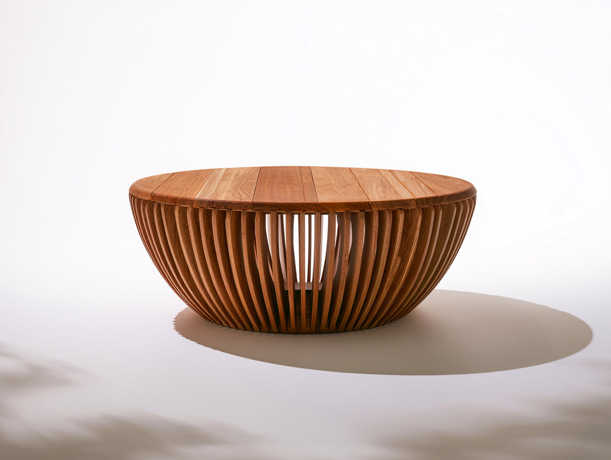 Gartentisch aus Holz 100 x 100 x 45 cm - Braun - runde Lattenplatte mit offenem Lamellengestell - modernes Lounge-Design für Garten und Terrasse