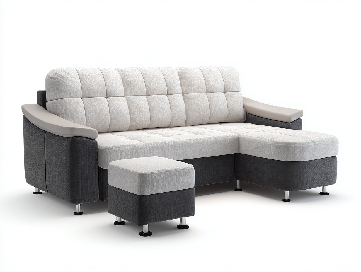 Ecksofa mit Hocker und Stoffbezug 245x160x86 cm - Hellgrau-Dunkelgrau-Beige - modernes L-Design für Wohnzimmer