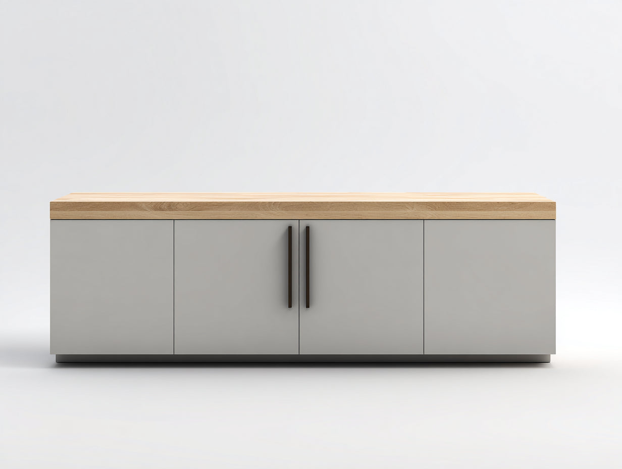 Sideboards Holzwerkstoff 180x42x80 cm - Hellgrau-Eiche hell-Schwarz - Modernes Sideboard mit 4 Türen