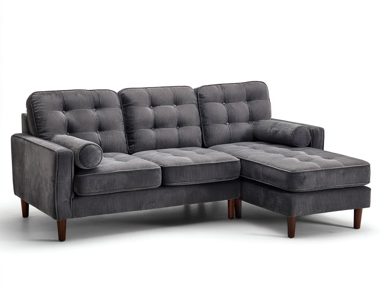 Ecksofa mit Cordstoffbezug 260x170x84 cm - Dunkelgrau-Braun - modernes L-Design mit Holzfüßen