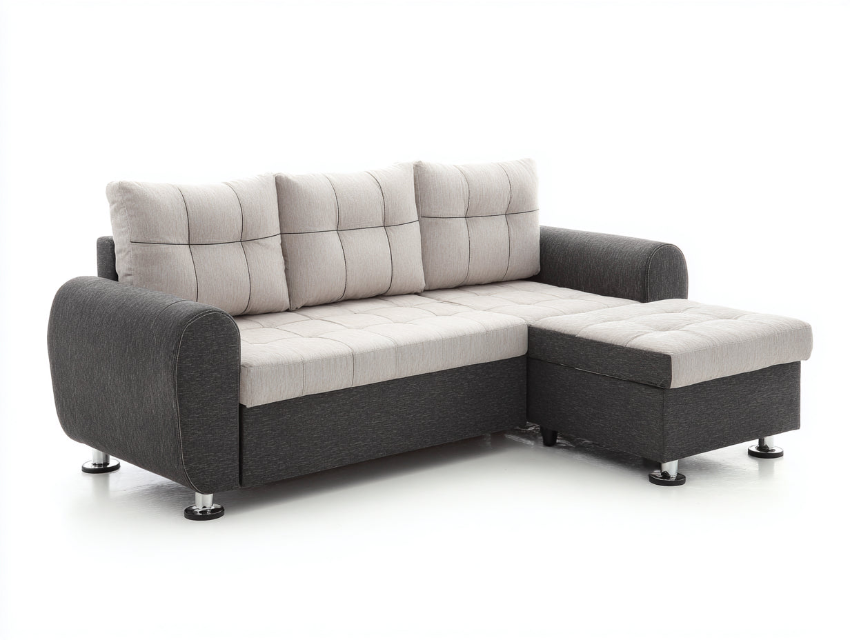 Ecksofa mit Stoffbezug 225x150x95 cm - Hellbeige-Dunkelgrau - Kompaktes Design mit Ottomane