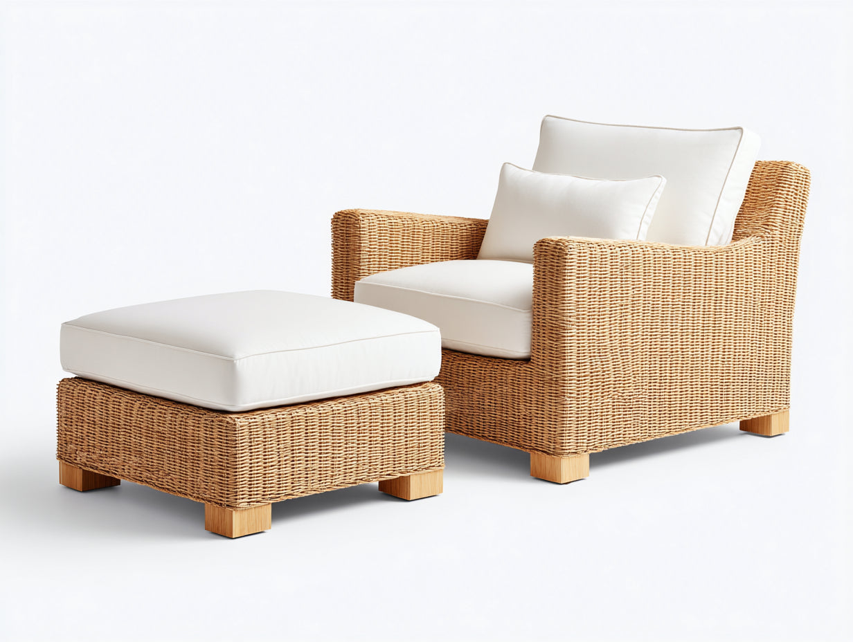 Polyrattan Gartensessel Set 84x80x88 cm - Naturbraun-Cremeweiß - 2-teilig mit Fußhocker