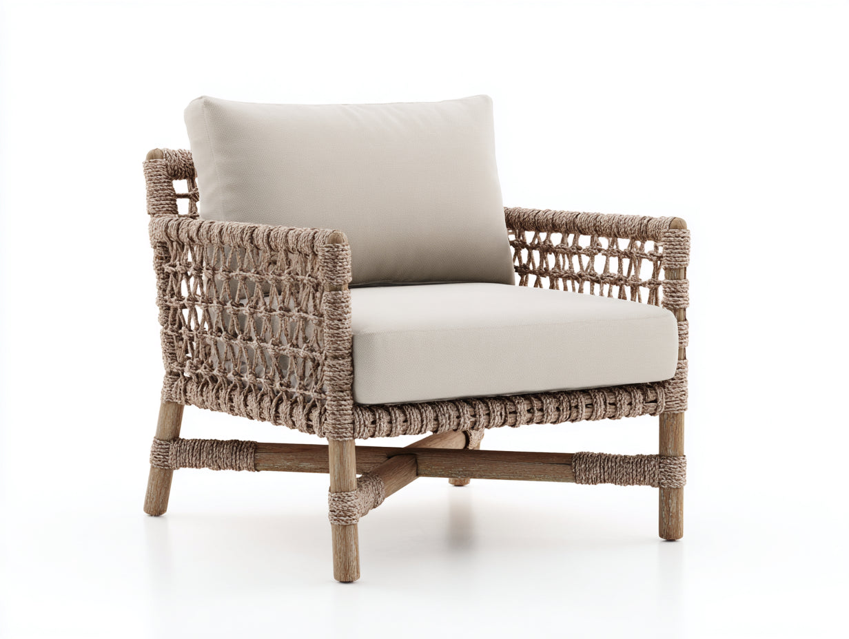 Polyrattan Gartensessel mit Holzgestell 76x75x82 cm - Beige-Naturbraun - Geflochtenes Design mit Polsterung