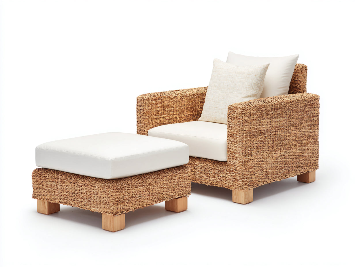 Polyrattan Gartensessel Geflecht 82x80x78 cm - Naturbraun Cremeweiß und Holzbraun - moderner Outdoor Sessel mit Hocker