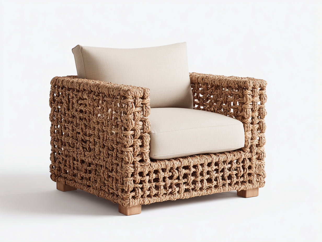Polyrattan Gartensessel mit Stoffkissen 100x88x80 cm - Naturbraun-Beige-Hellbraun - breite Armlehnen mit Flechtstruktur