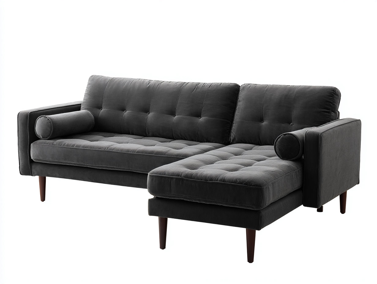 Ecksofa mit Cordbezug 245x160x88 cm - Dunkelgrau-Dunkelbraun - Gepolstertes Design mit Ottomane