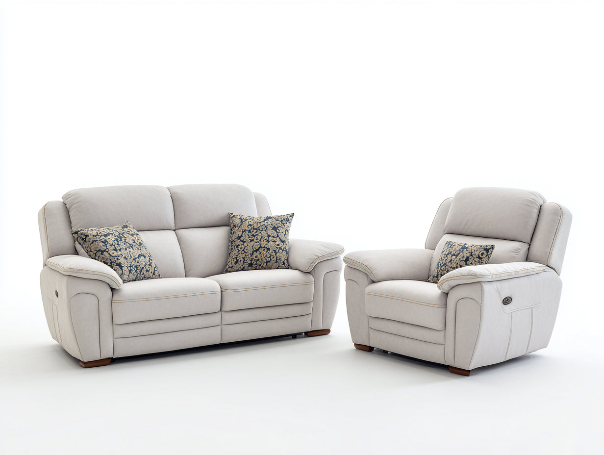 Relaxsofa Sets Lederoptik 200x95x100 cm - Cremeweiß und Holzbraun - modernes Wohnzimmer Set mit Relaxfunktion